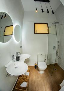 une salle de bain avec un lavabo, des toilettes et un miroir dans l'établissement Casa Señorial Piedrachica, à Séville