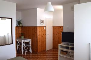 a living room with a table and a television at Apartments Fink in Portorož +23 photos