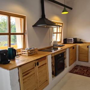 una cucina con ripiani in legno e piano cottura di The Origin ● Mountain Guesthouse ● Magura a Măgura