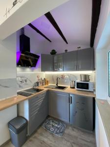 een keuken met een spoelbak en een magnetron bij Apartma Vista Baredi in Izola