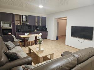 een woonkamer met een bank en een tafel met een tv bij Neu Modernisiert Work and Stay top moderne 3 Zimmer Wohnung 5 Betten in Geilenkirchen