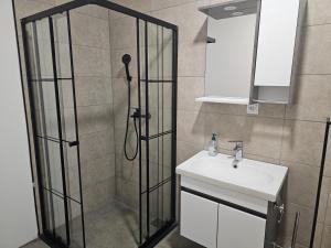 uma casa de banho com um chuveiro e um lavatório. em Neu Modernisiert Work and Stay top moderne 3 Zimmer Wohnung 5 Betten em Geilenkirchen