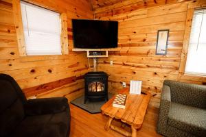 a living room with a fireplace in a log cabin at The Cabins at Pine Haven - Beckley in Beaver