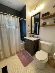 a bathroom with a toilet and a sink and a shower at The Hamilton House Family Home in Omaha