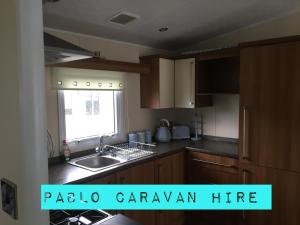 een keuken met houten kasten, een wastafel en een raam bij 3 Bedroom 8 Berth Caravan Towyn in Rhyl