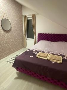 ein violettes Bett in einem Zimmer mit Fenster in der Unterkunft Dunavska lepotica 2 in Belgrad