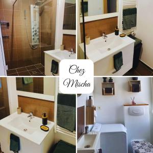 un collage de cuatro fotos de un baño en Chez Mischa, en Épernay