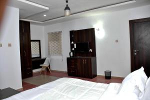 Dormitorio con cama, escritorio y TV en FANZMA APARTMENTS, en Abuja