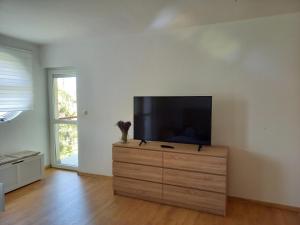 ein Wohnzimmer mit einem Flachbild-TV auf einer Kommode in der Unterkunft Levendula2 Apartman Bükkszentkereszt in Bükkszentkereszt