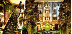 duas fotografias de um edifício com um pavão à frente. em Hotel General Old Town Prague em Praga