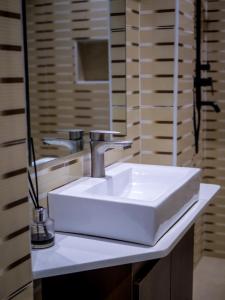 a bathroom with a white sink and a mirror at Oliver Twist Hotel in Lagos