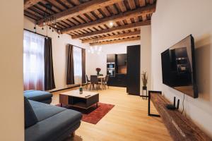 a living room with a couch and a tv at Hviezdoslavova Apartments, Trnava Centre, Parking available in Trnava