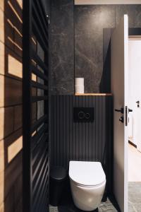 bagno con servizi igienici e parete nera. di Hviezdoslavova Apartments, Trnava Centre, Parking & Breakfast available a Trnava