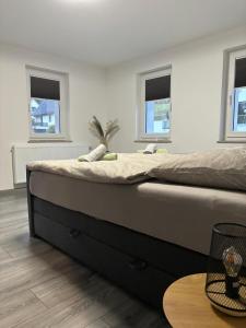 a large bed in a room with two windows at Ferienwohnung Papststeinblick in Kurort Gohrisch