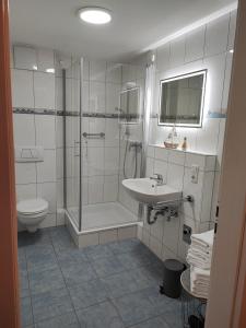 a bathroom with a shower and a sink and a toilet at FeWo Planer Altstadtwohnung mit Terrasse & Parkplatz in Memmingen +28 photos