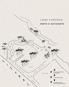 a black and white map of a island with palm trees at Blue praia de Santo Antônio in Mata de Sao Joao
