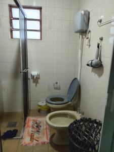 a bathroom with a toilet and a shower stall at Hospedaria das Azaleias in Novo Hamburgo