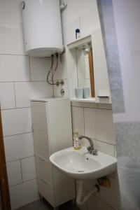 a small bathroom with a sink and a mirror at Apartman Oliva in Posedarje +10 photos