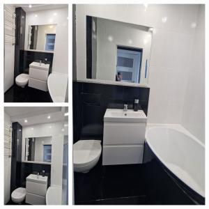 Trois photos d'une salle de bains avec lavabo et toilettes dans l'établissement Apartament XIII piętro STADION NARODOWY, à Varsovie