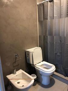ein Badezimmer mit einem weißen WC und einer Dusche in der Unterkunft Elegante residencia! in Ezeiza