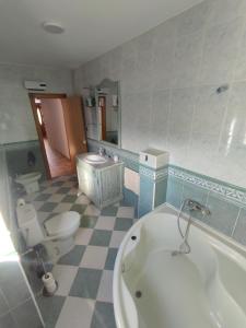 a bathroom with a tub and a toilet and a sink at Aires Del Ambroz in Casas del Monte
