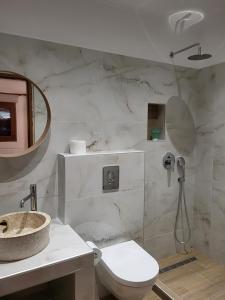 Baño blanco con aseo y lavamanos en Apartments Irene in Sykia, en Sikia