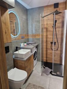 La salle de bains est pourvue d'un lavabo et d'un lave-linge. dans l'établissement Apartament K&H W Centrum, à Tarnów