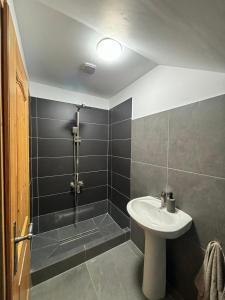 a bathroom with a sink and a shower at La Văru in Cîrţişoara