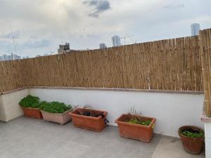 cuatro macetas de plantas sentadas en una valla en בלב העיר, en Netanya