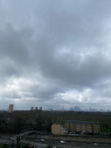 a view of a city under a cloudy sky at Trendy 1BD Penthouse wCity Views Hackney Wick in London