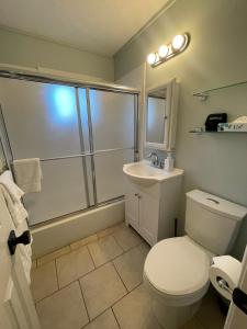 a bathroom with a toilet and a shower and a sink at Cathedral 1-Walking Distance to UNMC in Omaha