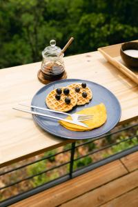 a blue plate with waffles and blueberries on a table at Glamping MontdeLuxe in Yopal
