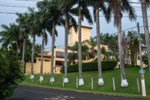 a building with palm trees in front of a street at Hotel Vila das Palmeiras in Altinópolis