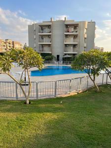 a building with a swimming pool and two trees at الشيخ زايد in Sheikh Zayed