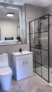 a bathroom with a toilet and a shower and a sink at 3 Bedroom House Near City Centre Glasgow Sleeps 7 in Glasgow