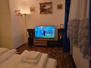 a living room with a tv and a bed at ELDI House in Făgăraş
