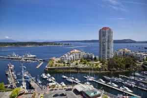 an aerial view of a marina with boats in the water at Coast Bastion Hotel in Nanaimo
