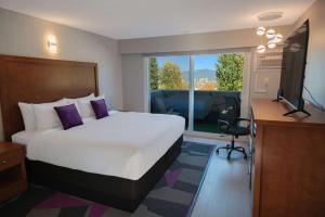 een slaapkamer met een bed, een bureau en een raam bij Coast Metro Vancouver Hotel in Burnaby