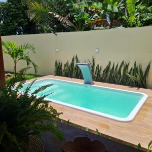 einen Pool mit einem Stuhl im Garten in der Unterkunft Casa do Bougainvillea Mundaú-Trairi-Ce in Mundaú