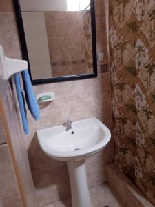 La salle de bains est pourvue d'un lavabo blanc et d'une douche. dans l'établissement Departamentos en Playa Pulpos HOSPEDAJE DELFINES HOUSE, à Lurín