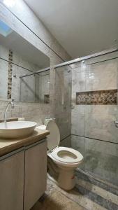 uma casa de banho com um WC, um lavatório e um chuveiro em Casa en condominio em Flandes