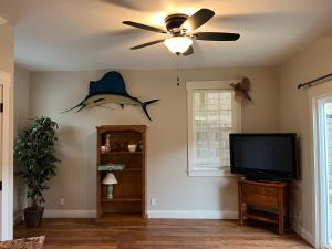 a living room with a ceiling fan and a flat screen tv at Relaxing House at Downtown Chattanooga in Chattanooga