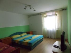 ein Schlafzimmer mit einem Bett und einem Fernseher und einem Fenster in der Unterkunft Otok Krk Apartments in Čižići