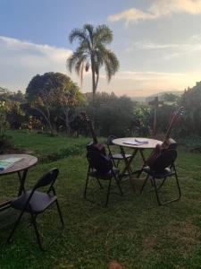 een groep stoelen en tafels in het gras bij Sítio na Mata Atlântica in Tapiraí