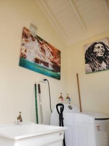 a bathroom with a sink and a washing machine at The Surada Bay in Old Harbour