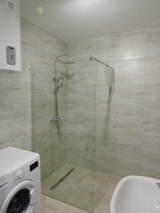 een badkamer met een douche en een glazen deur bij Family friendly house with a swimming pool Sestanovac, Zagora - 22984 in Šestanovac
