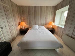 1 dormitorio con 1 cama y 2 lámparas en 2 mesas en Superb villa with private pool, en Banne