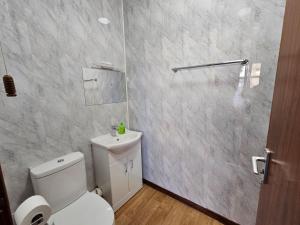 a bathroom with a toilet and a sink and a shower at Collingwood Hotel in Blackpool +116 photos