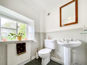 a bathroom with a toilet and a sink and a mirror at Oasis Cottage in Broughton Gifford