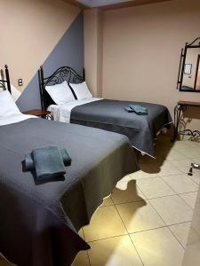 two beds sitting next to each other in a room at Hotel Hacienda el Edén in San Juan de los Lagos